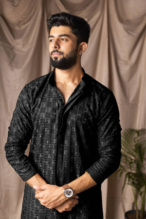 Men's Black Embroidered Rayon Kurta Set