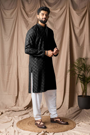 Men's Black Embroidered Rayon Kurta Set