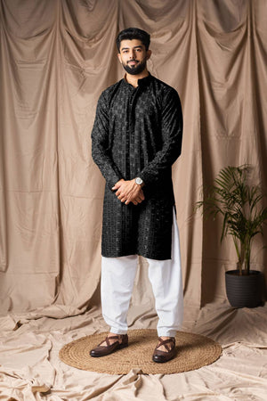 Men's Black Embroidered Rayon Kurta Set