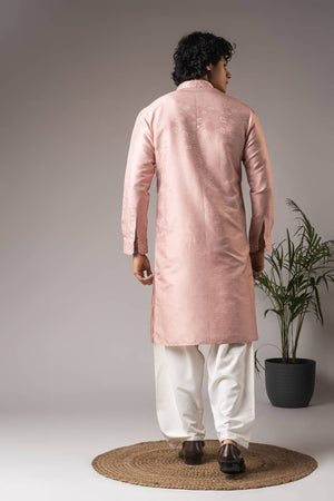 Men's Pink Embroidered Viscose Kurta Set