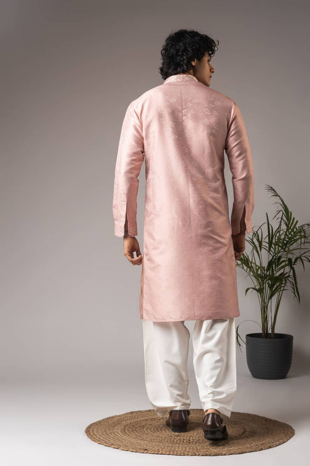 Men's Pink Embroidered Viscose Kurta Set