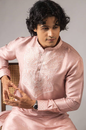 Men's Pink Embroidered Viscose Kurta Set