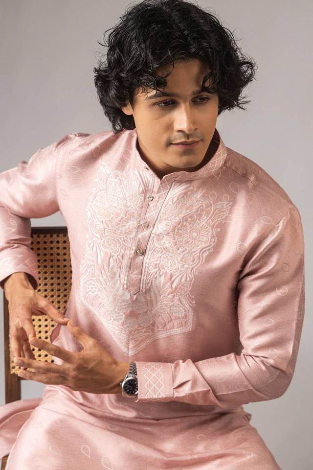 Men's Pink Embroidered Viscose Kurta Set