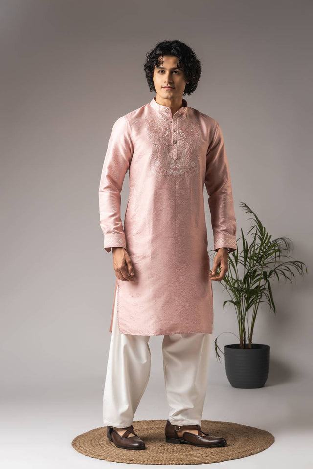 Men's Pink Embroidered Viscose Kurta Set