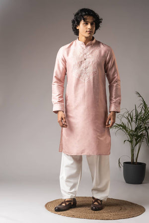 Men's Pink Embroidered Viscose Kurta Set
