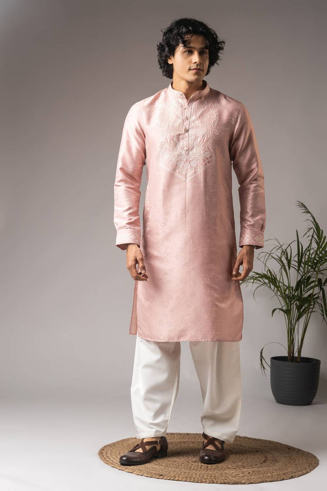 Men's Pink Embroidered Viscose Kurta Set