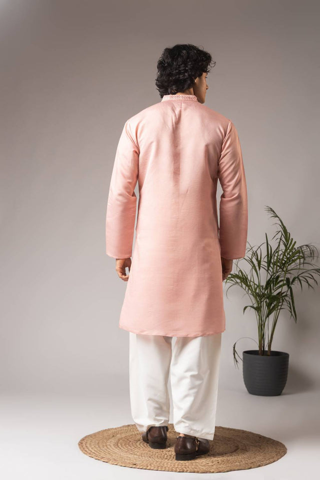 Men's Pink Embroidered Silk Blend Kurta Set