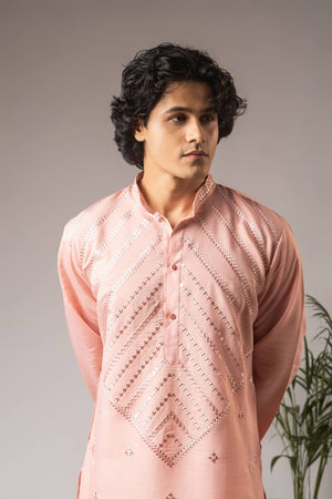 Men's Pink Embroidered Silk Blend Kurta Set