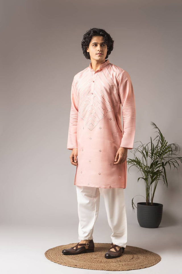 Men's Pink Embroidered Silk Blend Kurta Set
