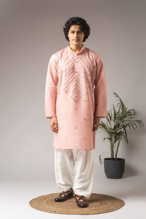 Men's Pink Embroidered Silk Blend Kurta Set