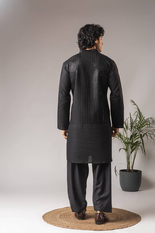 Men's Black Sequin with Embroidered Silk Blend Kurta Set