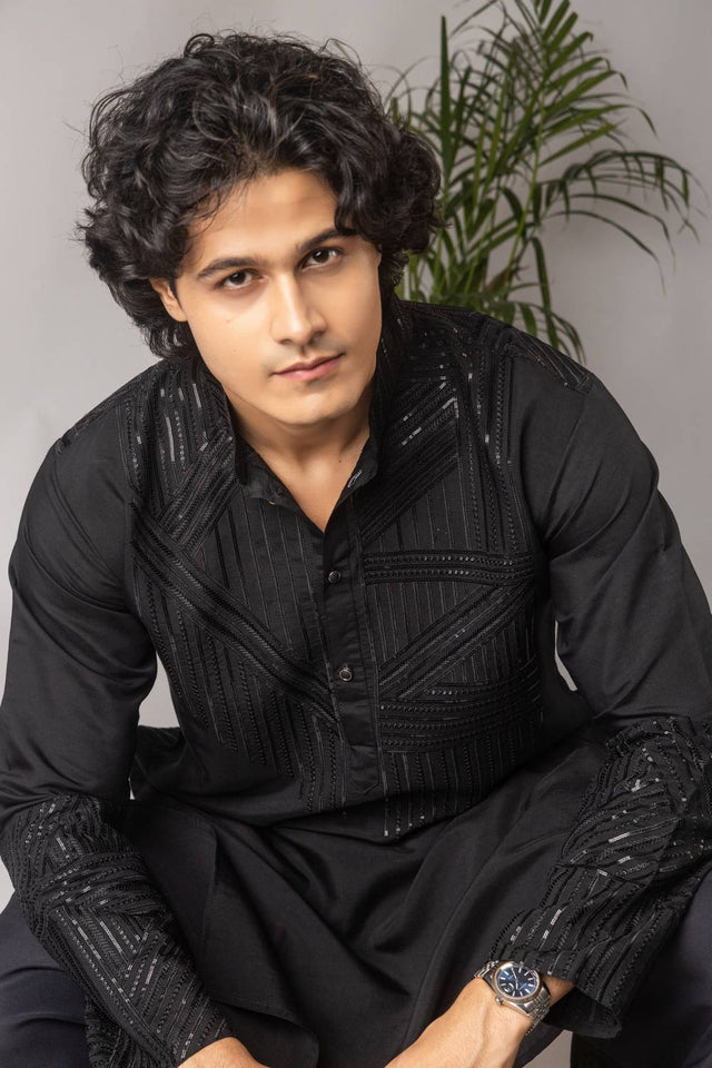 Men's Black Sequin with Embroidered Silk Blend Kurta Set