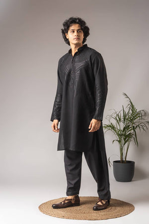 Men's Black Sequin with Embroidered Silk Blend Kurta Set