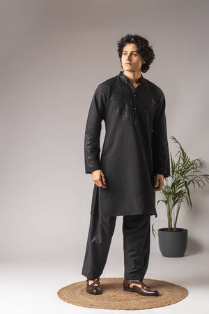 Men's Black Sequin with Embroidered Silk Blend Kurta Set
