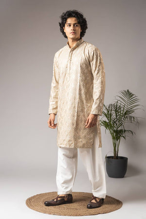 Men's Beige Embroidered Viscose Kurta Set