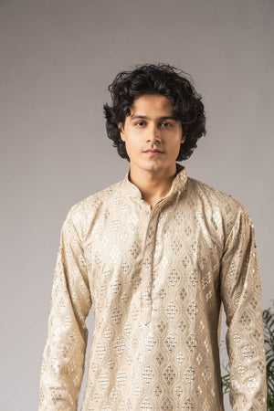 Men's Beige Embroidered Viscose Kurta Set
