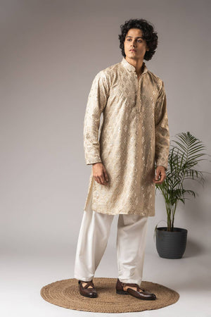 Men's Beige Embroidered Viscose Kurta Set