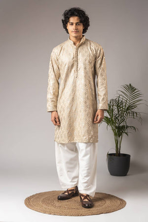 Men's Beige Embroidered Viscose Kurta Set