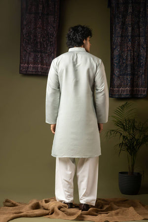 Men's Blue Embroidered Silk Blend Kurta Set