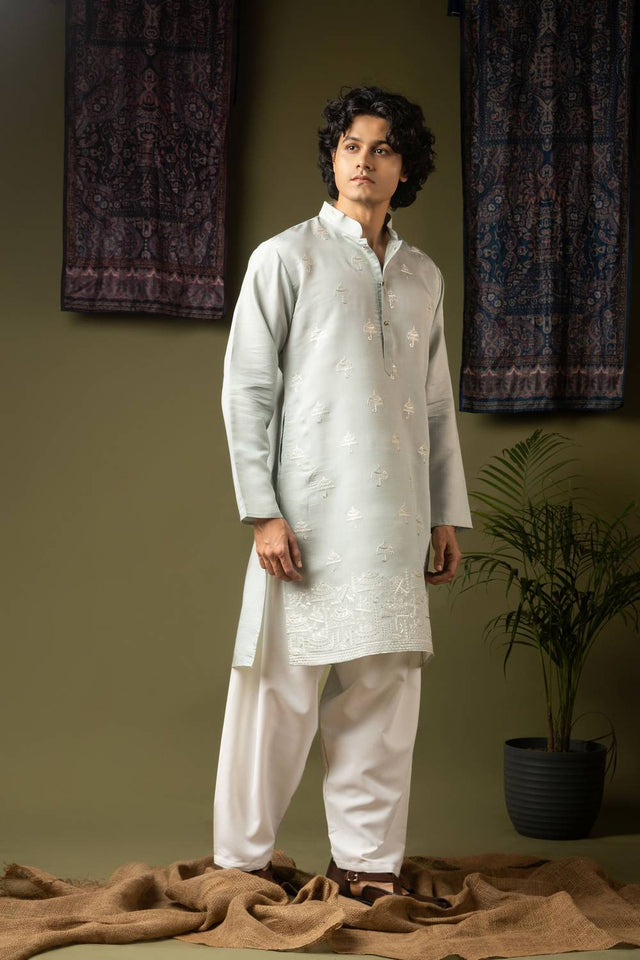 Men's Blue Embroidered Silk Blend Kurta Set