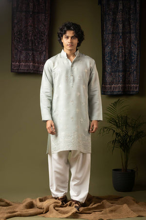 Men's Blue Embroidered Silk Blend Kurta Set
