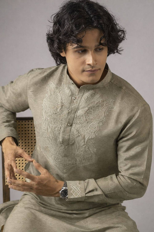 Men's Green Embroidered Viscose Kurta Set
