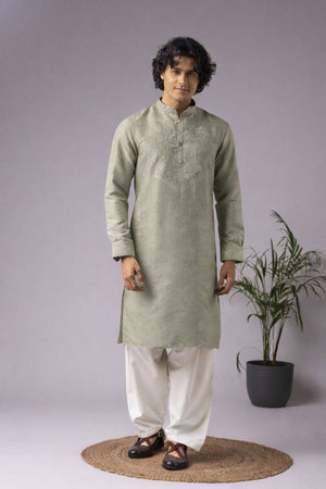 Men's Green Embroidered Viscose Kurta Set