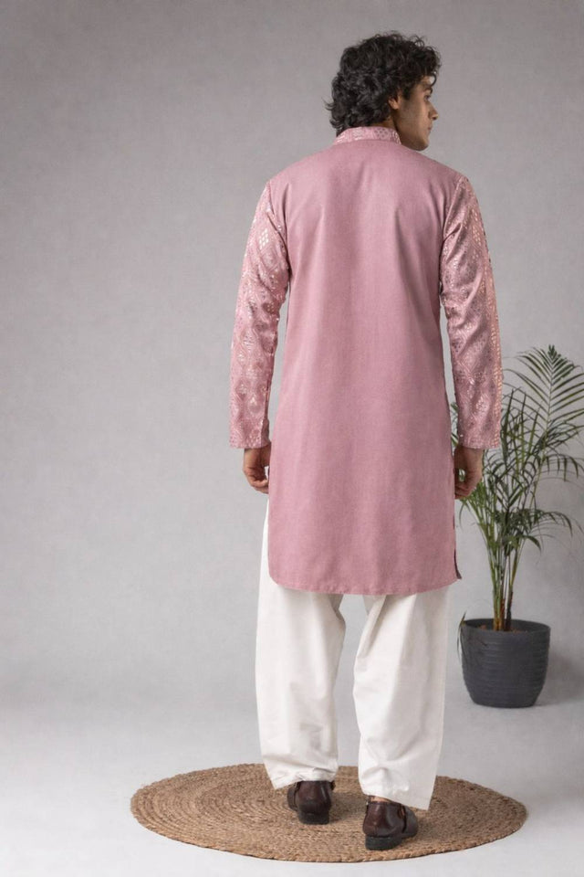 Men's Violet Embroidered Viscose Kurta Set