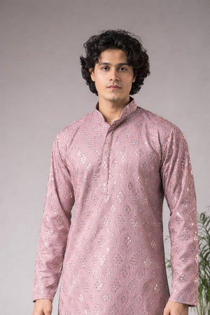 Men's Violet Embroidered Viscose Kurta Set