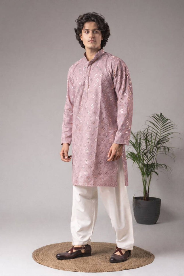 Men's Violet Embroidered Viscose Kurta Set