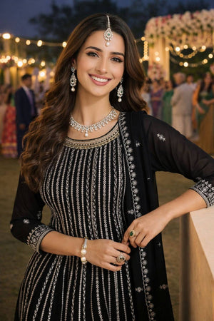 Black Embroidered Georgette Palazzo Suits