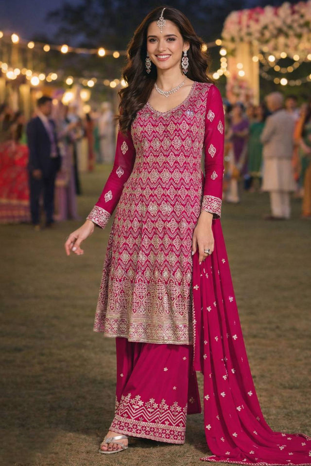 Pink Embroidered Georgette Palazzo Suits
