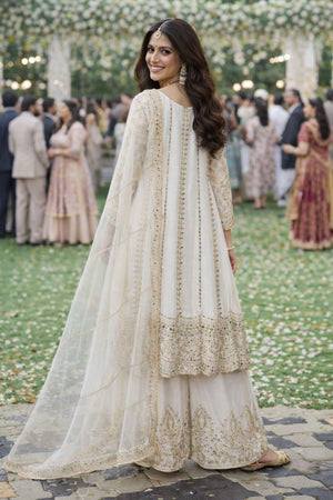 Off White Stone Embossed Chinon Palazzo Suits