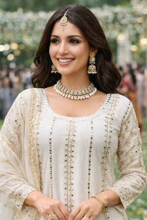 Off White Stone Embossed Chinon Palazzo Suits