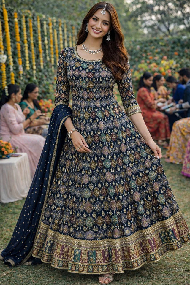 Blue Embroidered Georgette Palazzo Suits