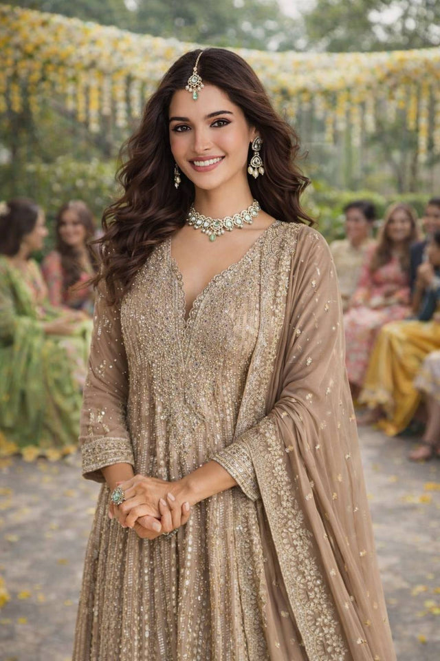 Beige Embroidered Georgette Palazzo Suits