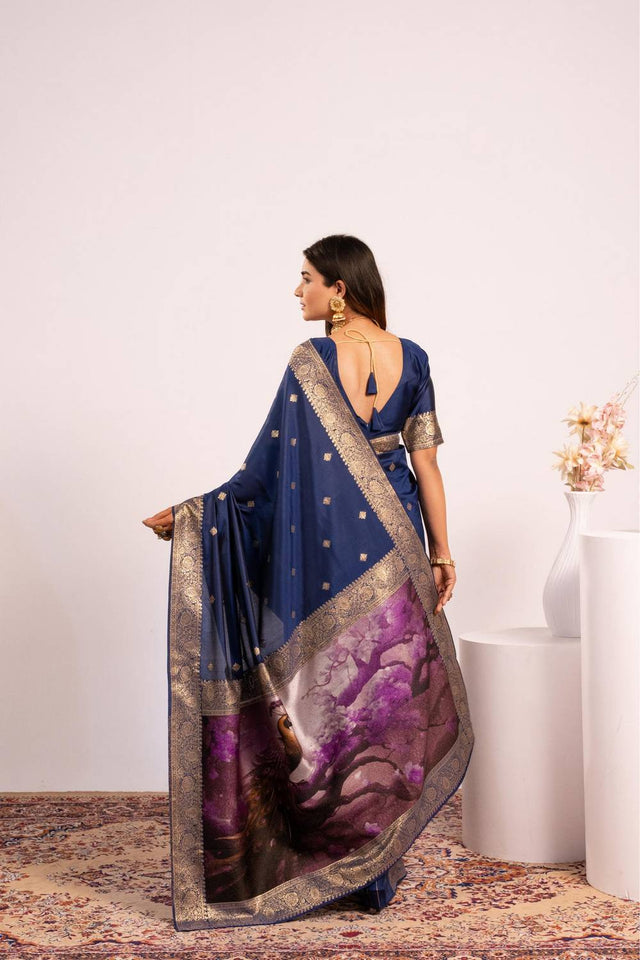 Navy Blue Woven Banarasi Silk Saree