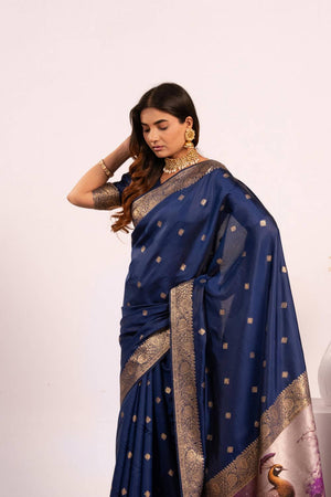 Navy Blue Woven Banarasi Silk Saree