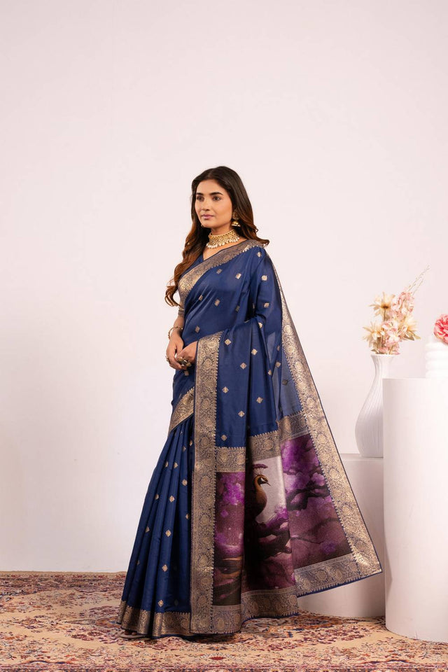 Navy Blue Woven Banarasi Silk Saree