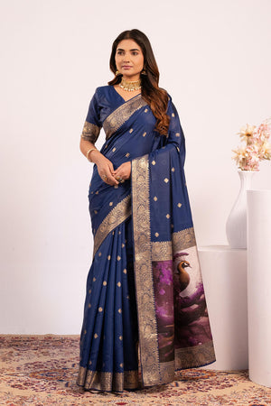 Navy Blue Woven Banarasi Silk Saree