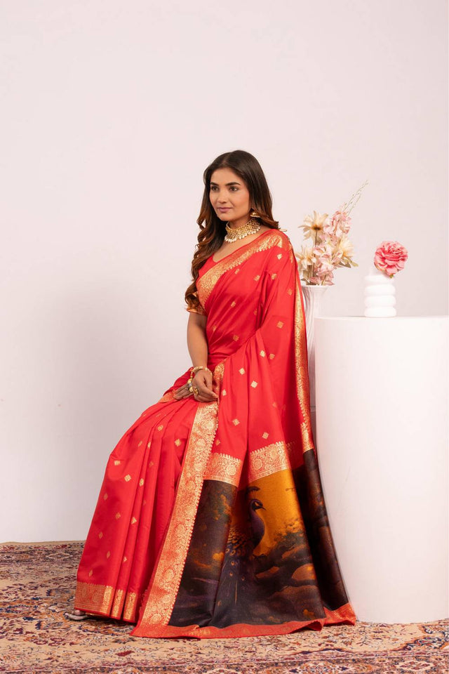 Red Woven Banarasi Silk Saree