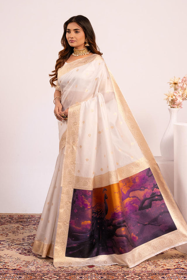 Off White Woven Banarasi Silk Saree
