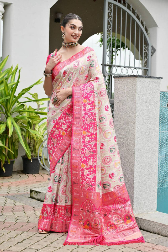 Pink Woven Banarasi Silk Saree
