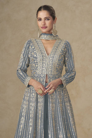 Grey Sequin with Embroidered Chinon Palazzo Suits