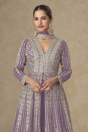 Purple Sequin with Embroidered Chinon Palazzo Suits
