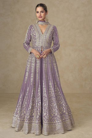 Purple Sequin with Embroidered Chinon Palazzo Suits