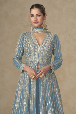 Sky Blue Sequin with Embroidered Chinon Palazzo Suits