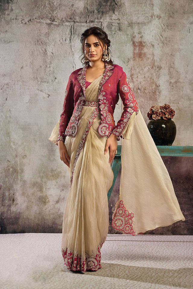 Gold Sequin with Floral Embroidered Organza Ready to Wear Saree (ACA5067)