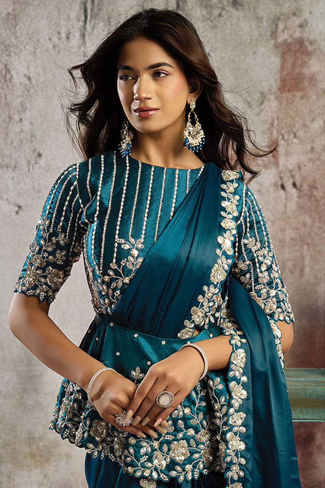 Turquoise Sequin with Floral Embroidered Satin Ready to Wear Saree (ACA5068)