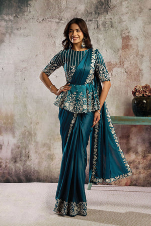 Turquoise Sequin with Floral Embroidered Satin Ready to Wear Saree (ACA5068)